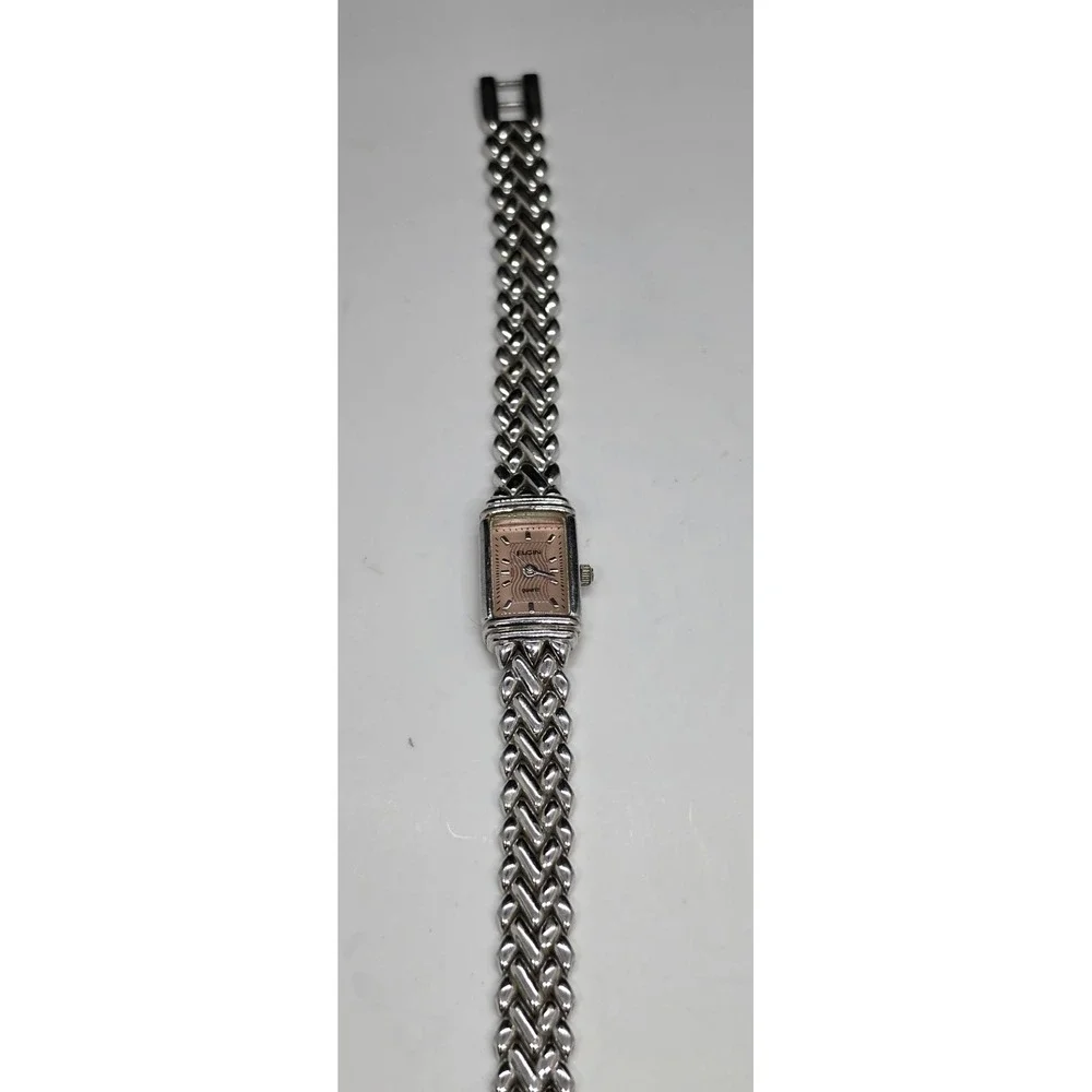 Vintage Elgin Quartz Ladies Watch Pink Dial Silvertone Bracelet Band EL 987